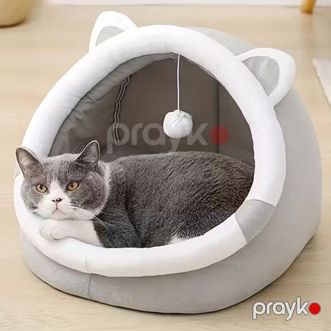Yataq kiçik pişiklər və itlər üçün ayı qulaqlı dizayn, yumşaq poliester, oval, boz, 30 sm - miks1746 — Bakı
