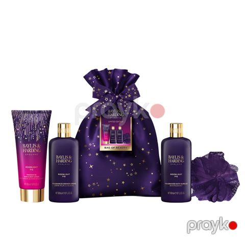 Bədənə qulluq üçün kosmetika dəsti Baylis&Harding Bag of Beauty Fig & Pomegranat (vanna üçün köpük 300 ml + duş üçün krem 300 ml + əl və bədən üçün losyon 200 ml + lif) — Bakı