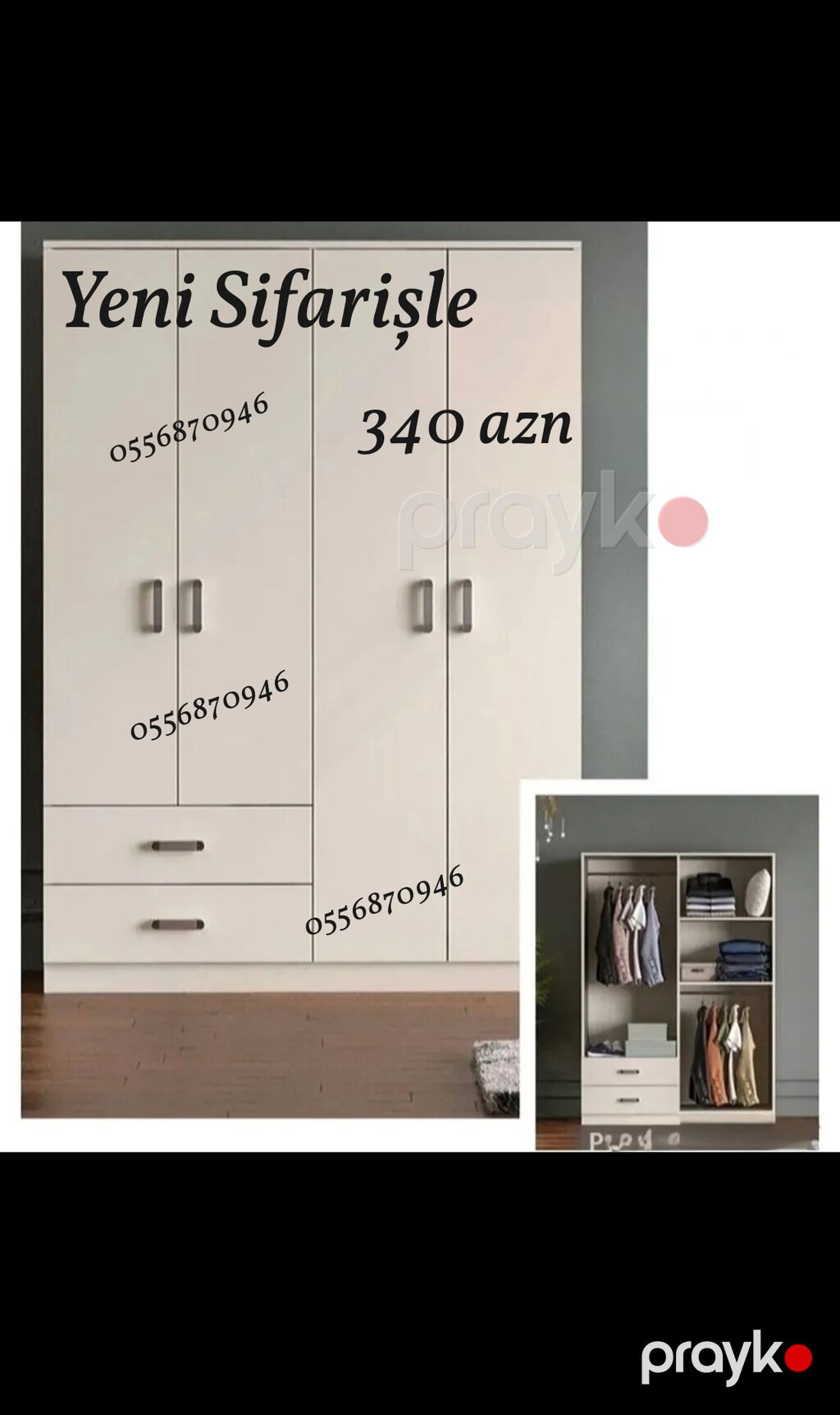 Yeni, 3 qapılı, Güzgülü, Ağ, Açılan, Düz dolab — Şkaflar, Bakı (7)