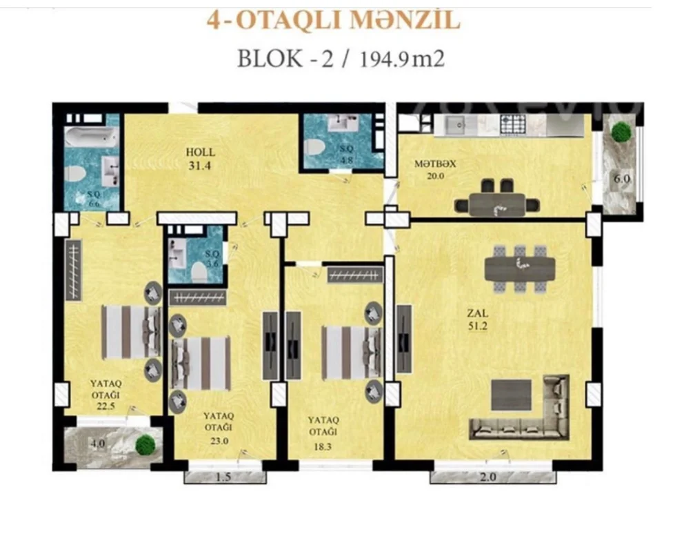 4 otaqlı mənzil, 195 m², Azadlıq pr — Mənzil, Bakı (6)