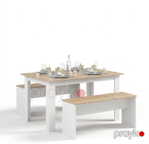 Yemək dəsti masa və 2 skamya 6215, laminat, ağ/sonoma, 120x70x75 sm — Bakı