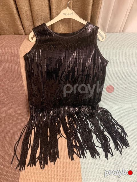 Qara rəngli payetli fransız püsküllü bluz/top - Modell: qolsuz — Bakı