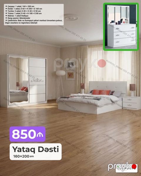 Yataq Dəsti – 160×200 sm Komplekt: - Çarpayı: 1 ədəd, 160×200 sm — Bakı