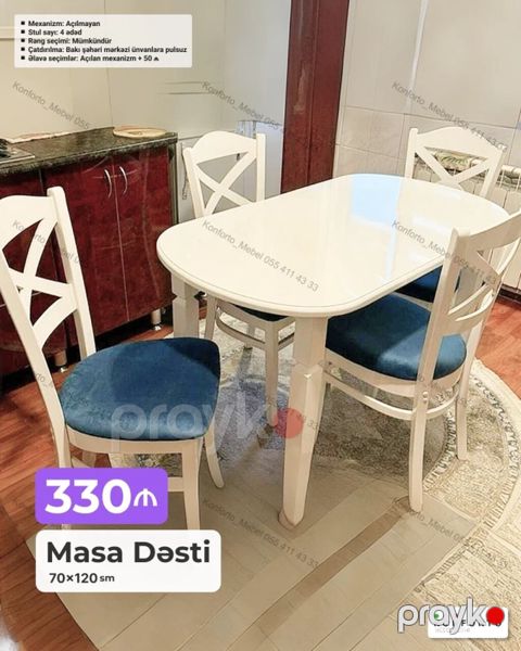 Məhsul: Masa dəsti Tərkib: 1 ədəd masa + 4 ədəd stul Ölçü: masa — Bakı