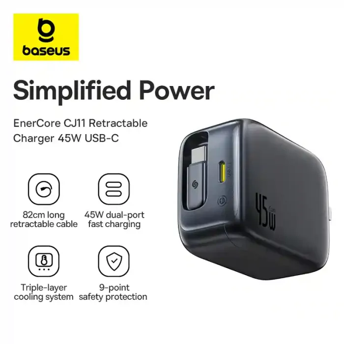 Baseus EnerCore CJ11 2C 45W Daxili Usb-c Kabelli Sürətli Şarj Adapteri E0120G00 — Bakı