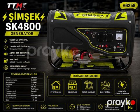 7283 Məhsulun adı: Benzin generatoru Şimşek SK4800, 3.5 kVt Brend — Bakı