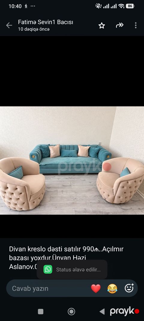 Divan kreslo dəsti satılır 990₼. Açılmır bazası yoxdur.Ünvan Həzi — Bakı