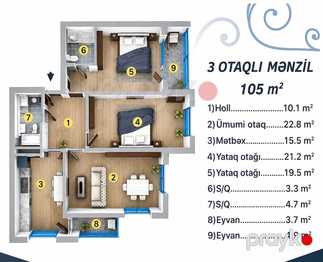 Satılır 3 otaqlı yeni tikili 105 m² — Mənzil, Bakı (10)