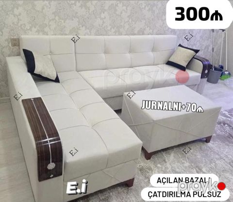 Açılan-bazalı L formalı künc divan dəsti - Rəng: ağ (yastıq — Bakı