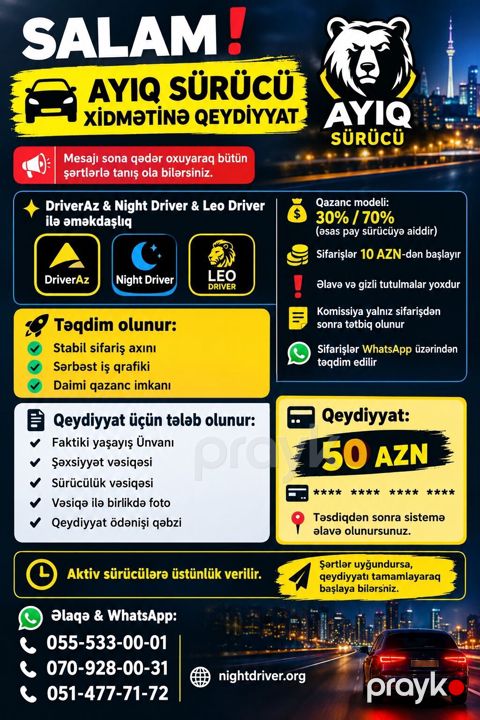 Ayiq Sürücü xidmətinə sürücü qəbulu DriverAz, Night Driver və Leo — Bakı