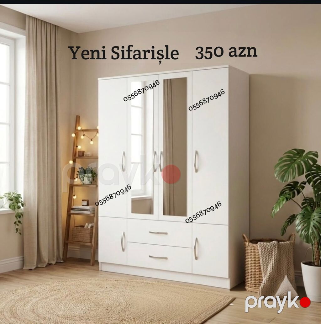Yeni, 3 qapılı, Güzgülü, Ağ, Açılan, Düz dolab — Şkaflar, Bakı (5)