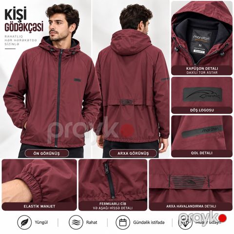 Kişi üçün küləkkeçirməyən gödəkçə, tünd qırmızı, poliester/elastan, ölçü XXL — Bakı