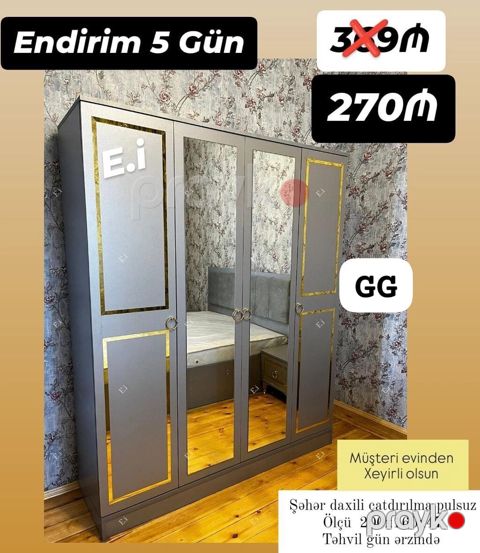 Güzgülü qarderob dolabı - Model: 4 qapılı, ön paneldə 2 böyük tam boy — Bakı
