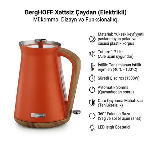 4565 Məhsulun adı: Elektrik çaydan BergHoff, 1.7 l, Narıncı, 1500 — Bakı