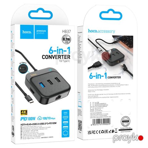 Hoco HB37 Easy Link 6-in-1 Type-C Hub 4K RJ45 PD100W Adapter — Bakı