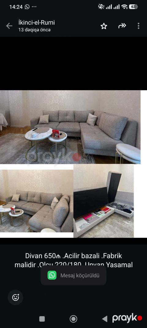 Divan 650₼ .Acilir bazali .Fabrik malidir .Olcu 220/180 .Unvan Yasamal — Bakı