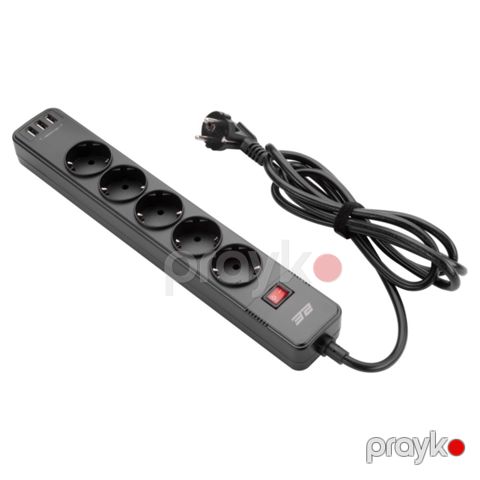 2E Power strip with surge protector 5xType F, 3×1.5mm2, 16A, 3xUSB-A, 2m, white (2E-SP515M2USBBK) — Bakı