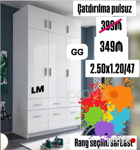 Ağ rəngli, çoxfunksiyalı paltar dolabı - Ölçülər: 2.50 x 1.20 x 47 sm — Bakı