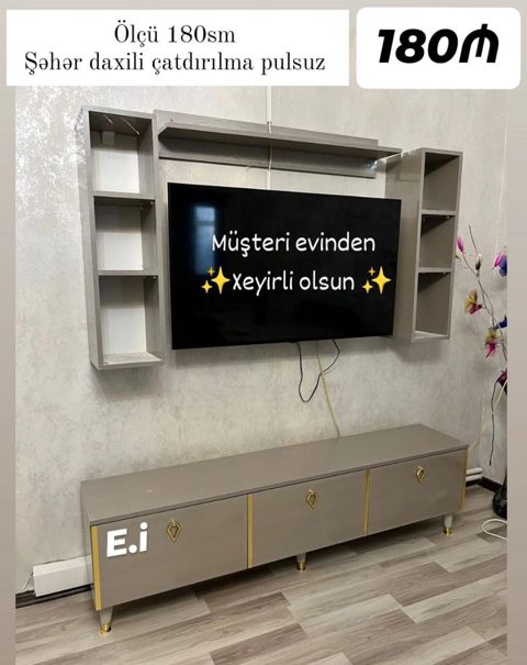 TV stendi və divar sistemi – 180 sm - Komplekt: aşağı TV tumbası (3 — mebeldivansifarisle — TV stands