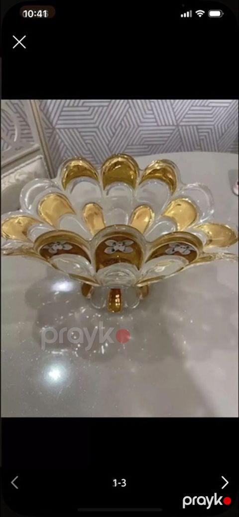 Qızılı naxışlı şüşə meyvə/qənnadı qabı - Material: qalın, şəffaf şüşə — Xırdalan