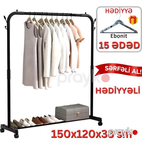 Asılqan FenExHome, metal, təkərli, 150x120x38 sm, qara + Ebonit asılqanlar dəsti, 15 əd, qara (FenEx_Home_550_Bl_Ebo15_Bl) — Bakı