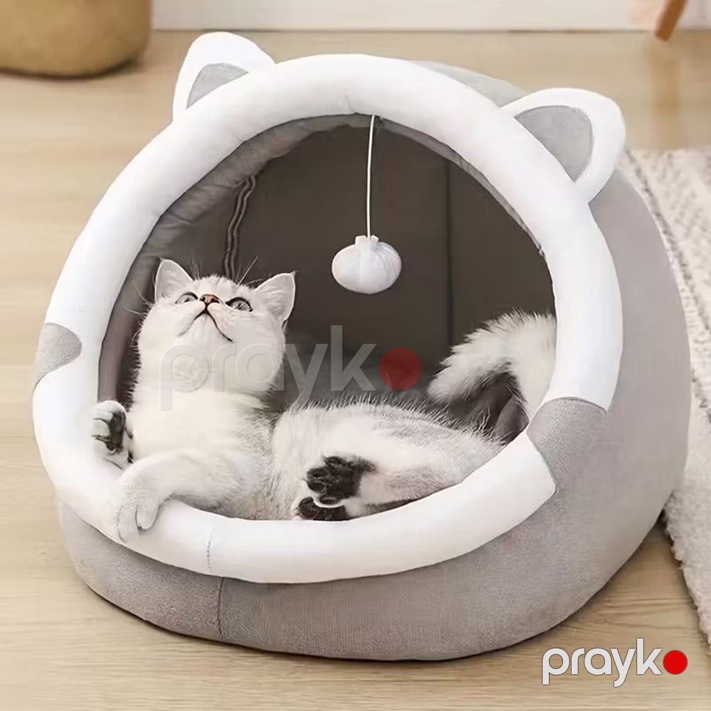 Yataq kiçik pişiklər və itlər üçün ayı qulaqlı dizayn, yumşaq poliester, oval, boz, 30 sm - miks1746 — Mallar, Bakı (2)