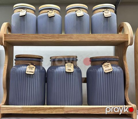 Ədviyyat üçün qab dəsti, 2 mərtəbəli bambuk stendli, 7 ədəd, keramika, boz - homestore_vm1650 — Bakı