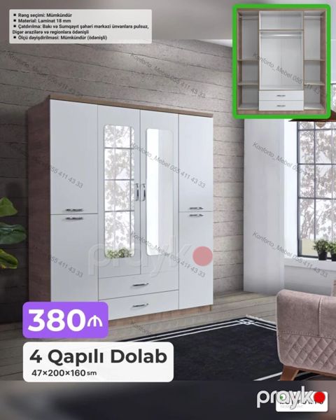 4 qapılı şkaf – 47×200×160 sm Material: 18 mm laminat Daxili — Bakı