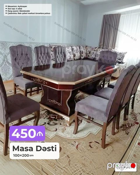 Masa Dəsti – 100×200 sm - Mexanizm: Açılmayan - Stul sayı: 6 ədəd — Bakı