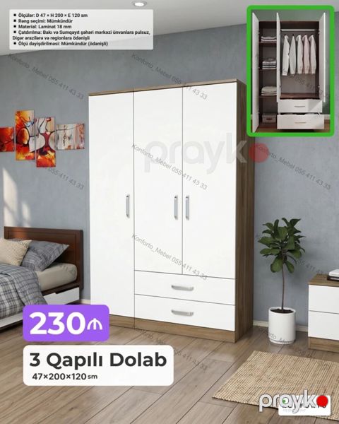 3 qapılı geyim dolabı – 47×200×120 sm - Ölçülər: Dərinlik 47 sm — Bakı