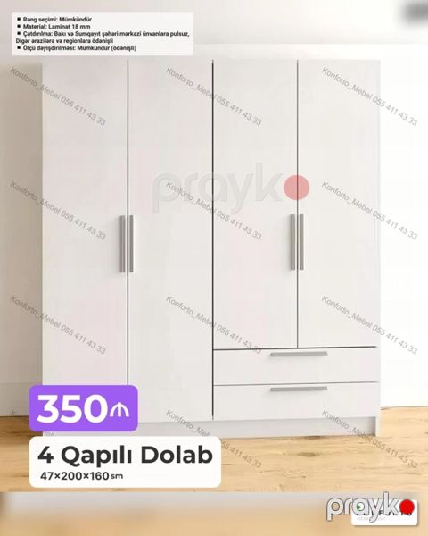4 qapılı paltar dolabı Ölçü: 47 200 160 sm Material: 18 mm — Bakı