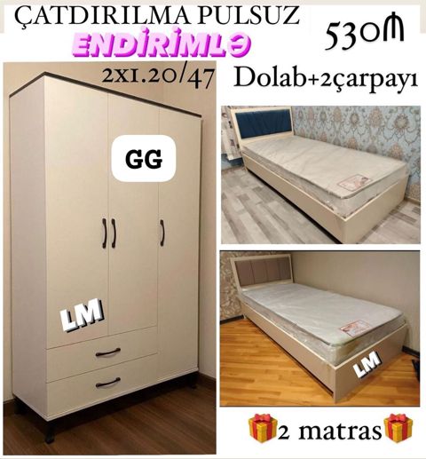 Yataq otağı dəsti – Dolab + 2 çarpayı - 3 qapılı, 2 çekmecəli dolab — Bakı