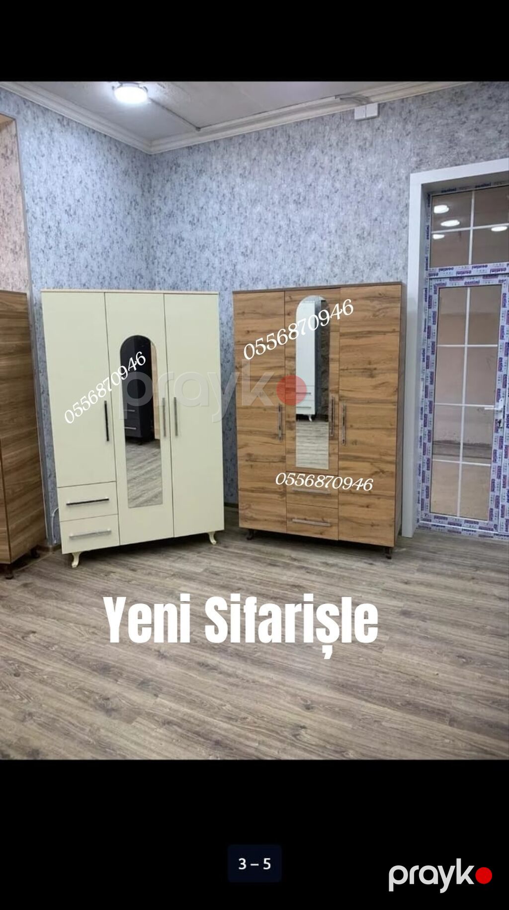 Yeni, 3 qapılı, Güzgülü, Ağ, Açılan, Düz dolab — Şkaflar, Bakı (2)