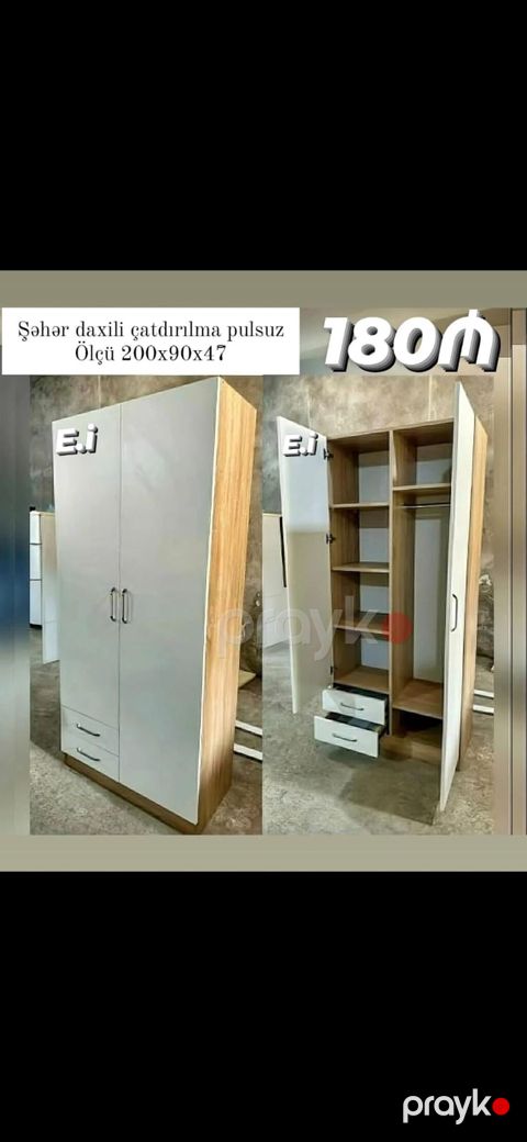 İki qapılı paltar şkafı — ölçü: 200×90×47 sm. - Rəng: ağ ön panellər — Sumqayıt