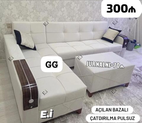 Ağ rəngli L şəkilli künc divanı - Açılan, bazalı model: alt hissə — Sofas