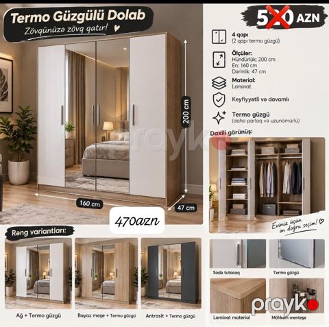 Termo Güzgülü Dolab - 4 qapı (2 qapı termo güzgülü) - Ölçülər