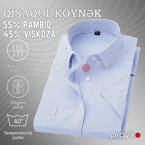 Kişilər üçün qısaqol köynək EB_1367, pambıq/viskoza, zolaqlı, ağ/göy, ölçü 4XL — Bakı