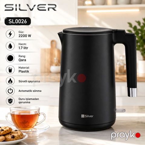 4850 Məhsulun adı: Elektrik çaydan Silver SL0026, 1.7 L, Qara, 2200 — Bakı