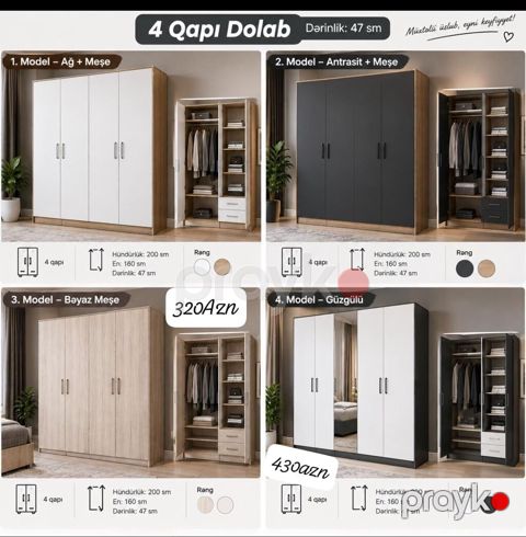 4 qapılı geyim dolabı – dərinlik 47 sm Ölçülər: - Hündürlük: 200 sm — Bakı