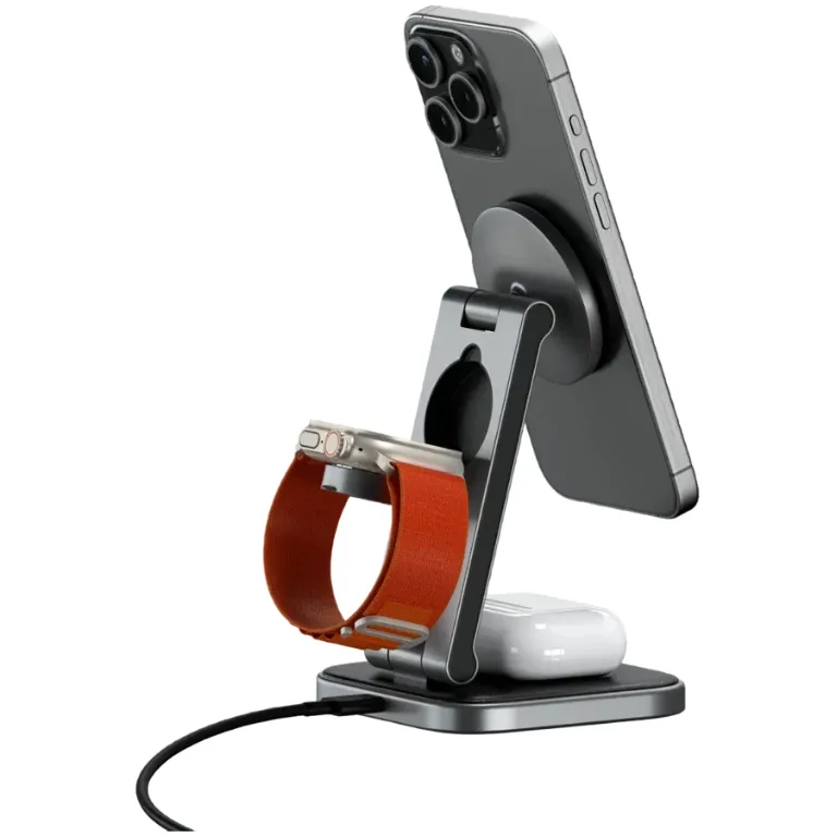 Enerji toplama cihazi Satechi 3-in-1 Foldable Qi2 Wireless charging stand Space Gray with Type A,C,G plugs — Bakı