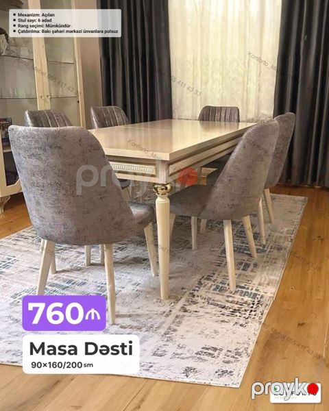 Masa dəsti – 6 stul ilə Ölçü: 90×160/200 sm (açılan mexanizm ilə — Bakı