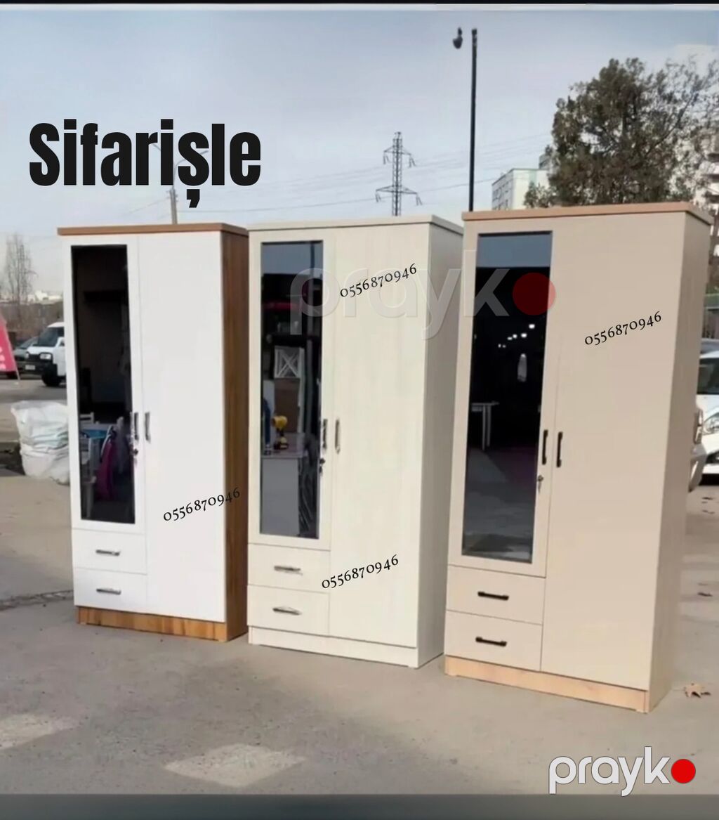 Yeni, 3 qapılı, Güzgülü, Ağ, Açılan, Düz dolab — Şkaflar, Bakı (6)
