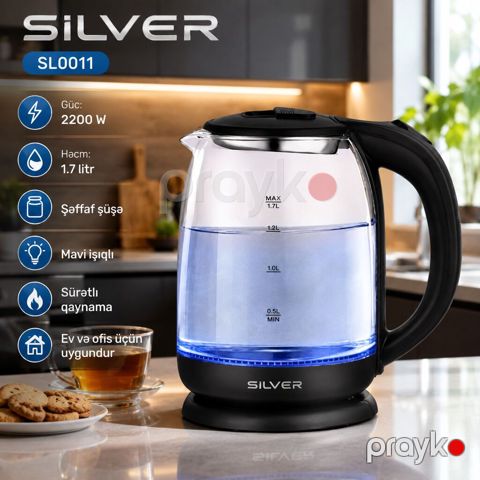 4848 Məhsulun adı: Elektrik çaydan Silver SL0011, 1.7 L, Qara, 2200 — Bakı