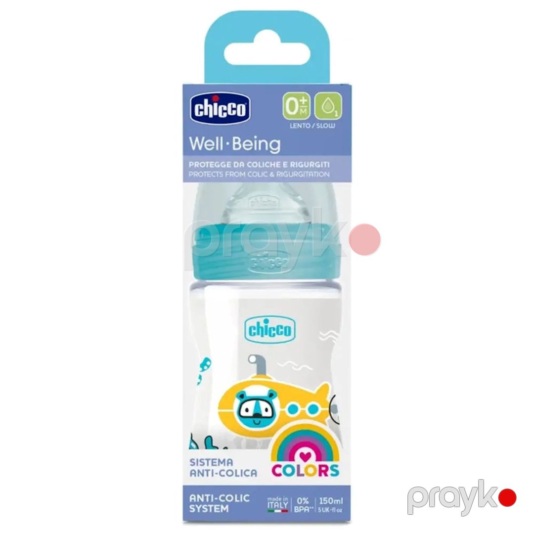 Qida şüşəsi Chicco Well-Being Physio Colors, plastik/silikon, mavi, 0 m+, 150 ml — Mallar, Bakı (3)
