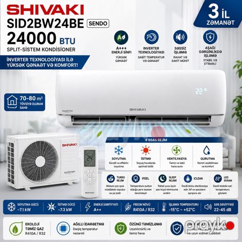 9038 Məhsulun adı: Kondisioner Shivaki SID2BW24BE Sendo