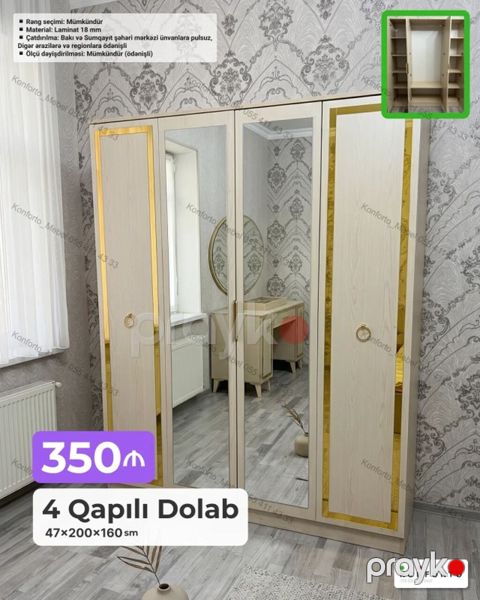 4 qapılı güzgülü dolab Ölçü: 47 200 160 sm Material: 18 mm — Bakı