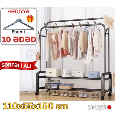 Paltarasanlar və asılqanlar FenExHome paltarasan reyl, dəmir, qara, 110x55x150 sm + hədiyyə Ebonit asılqanlar, 10 ədəd, qara - FenEx_Home_006_Bl_Ebo10_Bl — Bakı