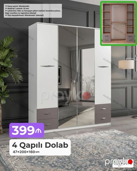 4 qapılı paltar dolabı – 47×200×160 sm Qiymət: 399 Xüsusiyyətlər — Bakı