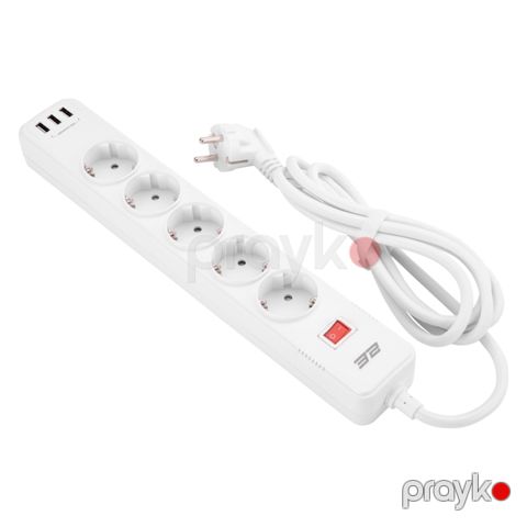 2E Power strip with surge protector 5xType F, 3×1.5mm2, 16A, 3xUSB-A, 2m, white (2E-SP515M2USBWH) — Bakı