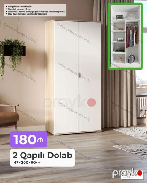 İki qapılı dolab - Ölçü: 47×200×90 sm - Material: 18 mm laminat — Bakı